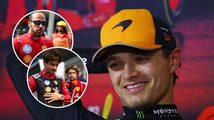 McLaren driver Lando Norris reacts after the 2025 F1 Chinese Grand Prix. Insets, Ferrari drivers Lewis Hamilton and Charles Leclerc look on ahead o...