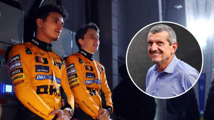 Oscar Piastri of Australia and McLaren and Lando Norris of Great Britain and McLaren wait backstage during F1 75 Live at The O2 Arena. Inset, Guent...
