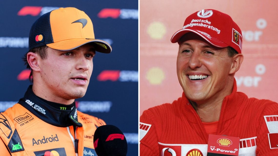 McLaren Mercedes's Lando Norris during an interview after the sprint qualifying session of the Formula One Chinese Grand Prix, and Michael Schumach...
