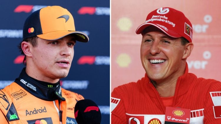 McLaren Mercedes's Lando Norris during an interview after the sprint qualifying session of the Formula One Chinese Grand Prix, and Michael Schumach...