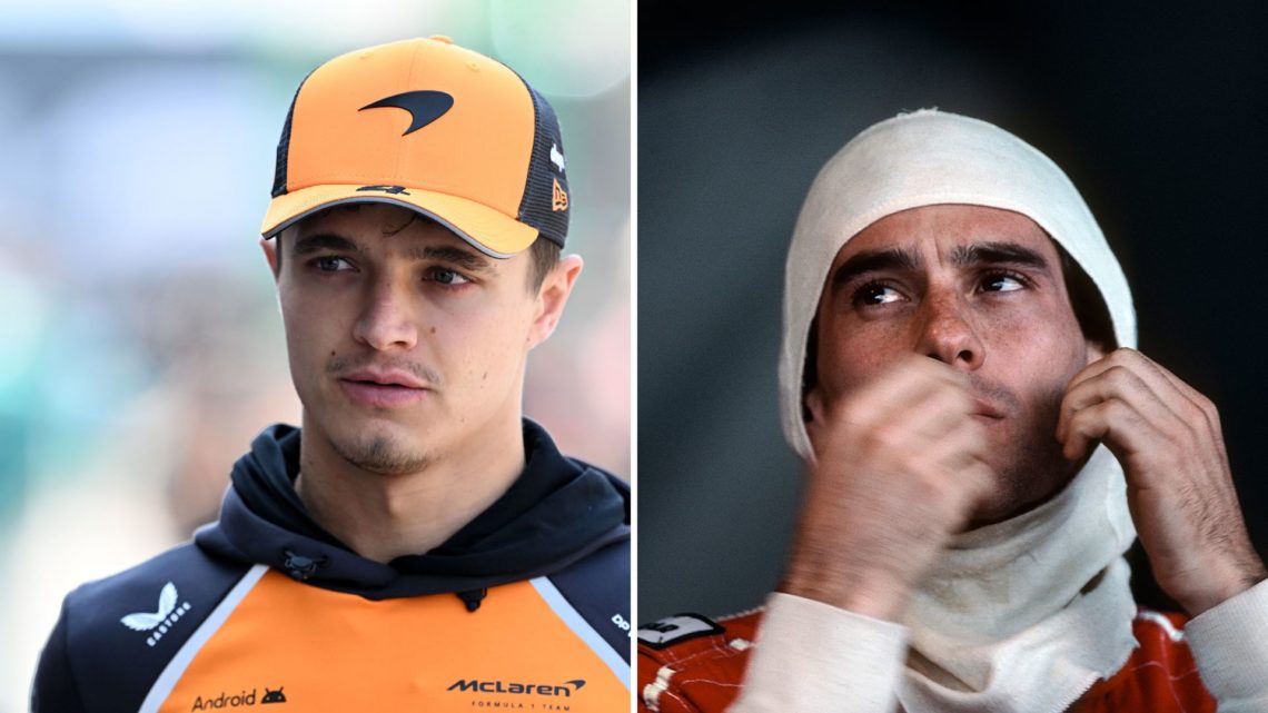 Split image of (L) Lando Norris of McLaren and (R) Ayrton Senna.