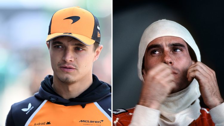 Split image of (L) Lando Norris of McLaren and (R) Ayrton Senna.