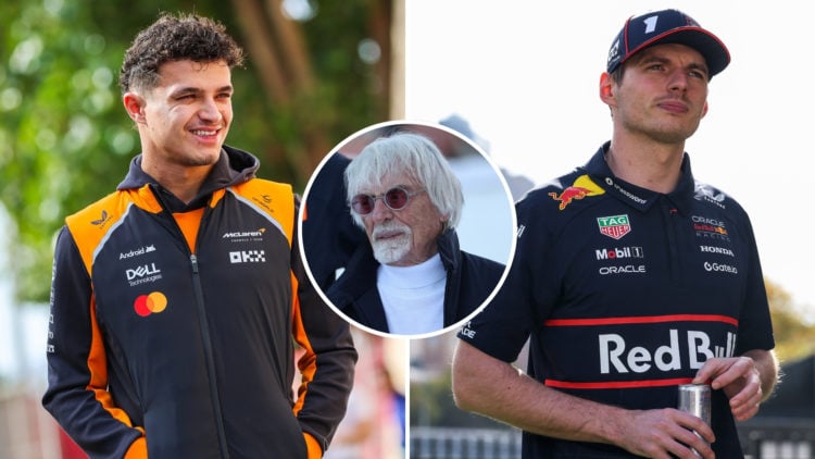 Split image of Lando Norris of Great Britain and McLaren walks in the paddock during day three of F1 Testing at Bahrain International Circuit on Fe...