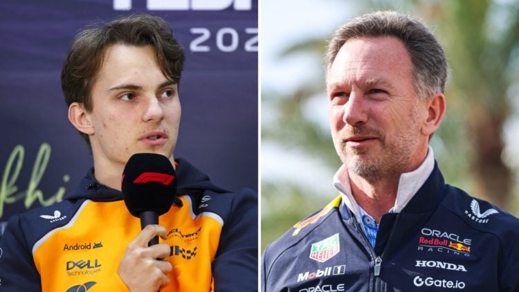 Split image as Oscar Piastri of Australia and McLaren speaks during the Drivers Press Conference during day three of F1 Testing, and Red Bull Racin...