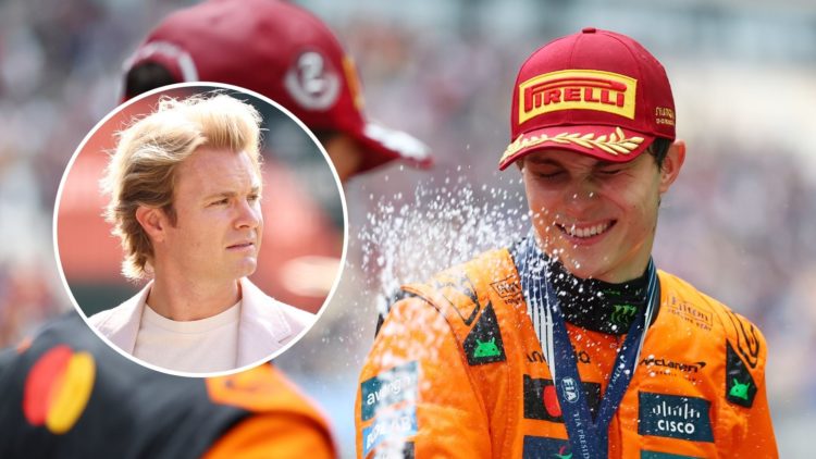 Second placed Lando Norris of Great Britain and McLaren and Race winner Oscar Piastri of Australia and McLaren celebrate with Champagne on the podi...