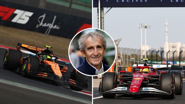 McLaren driver Lando Norris on track during the 2025 F1 Chinese Grand Prix and Ferrari driver Lewis Hamilton enters the pit lane during qualifying ...