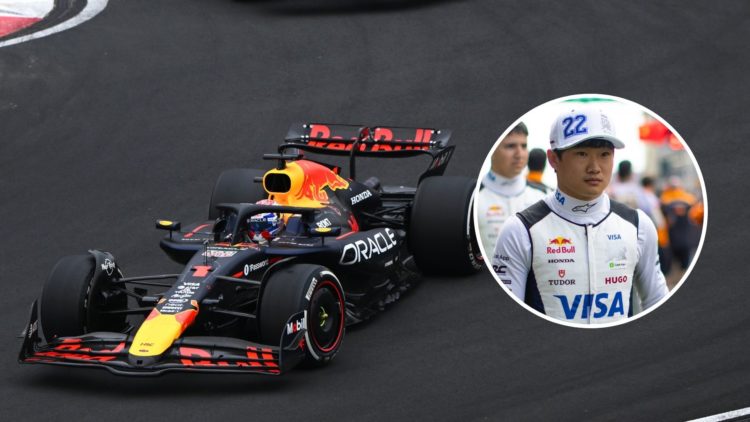 Image of Max Verstappen of the Netherlands driving the (1) Oracle Red Bull Racing RB21 with an inset of Yuki Tsunoda