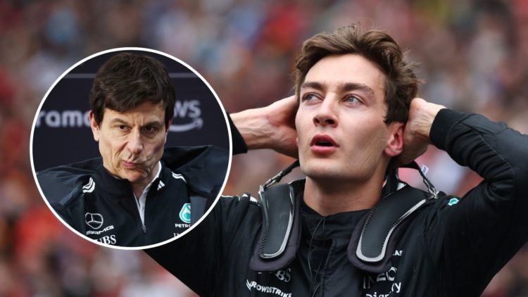 Mercedes driver George Russell relaxes after the 2025 F1 Chinese Grand Prix. Inset, Mercedes team principal Toto Wolff speaks to the media.