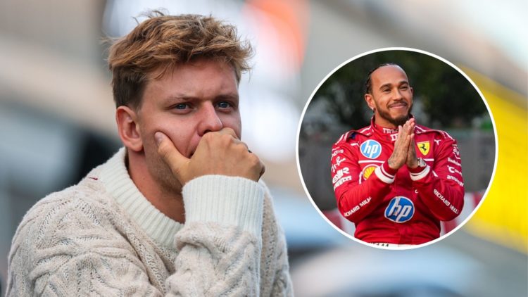 Mick Schumacher looks on at the 2024 F1 Las Vegas Grand Prix. Inset, Lewis Hamilton reacts during Ferrari's 2025 reveal in Milan.
