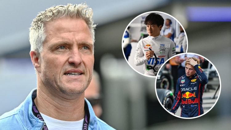 Ralf Schumacher walks through the 2024 F1 Belgian Grand Prix paddock. Insets, Racing Bulls driver Yuki Tsunoda reacts during practice for the 2025 ...