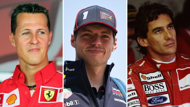 Split images of Michael Schumacher, Max Verstappen, and Ayrton Senna