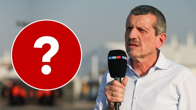 Guenther Steiner of Italy looks on during Sprint Qualifying ahead of the F1 Grand Prix of China at Shanghai International Circuit. Inset, a questio...
