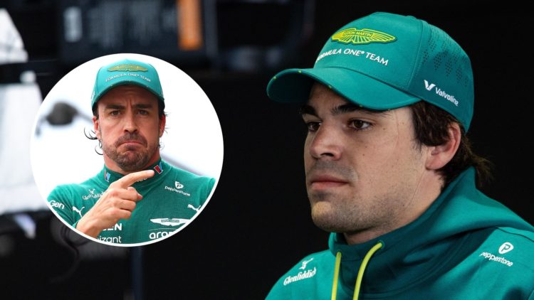 Lance Stroll of Canada and Aston Martin F1 Team speaks in the media pen during the F1 Grand Prix of Australia. Inset, twelfth placed qualifier Fern...