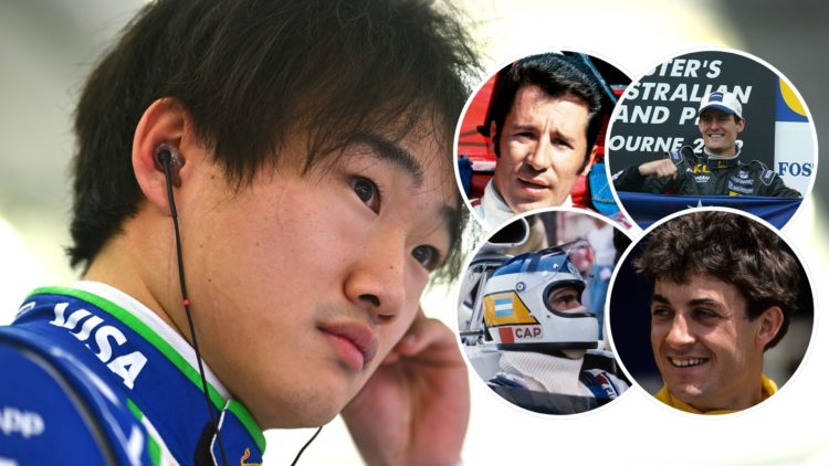 Image of Racing Bulls driver Yuki Tsunoda (L). Insets, Mario Andretti, Mark Webber, Carlos Reutemann and Jean Alesi.