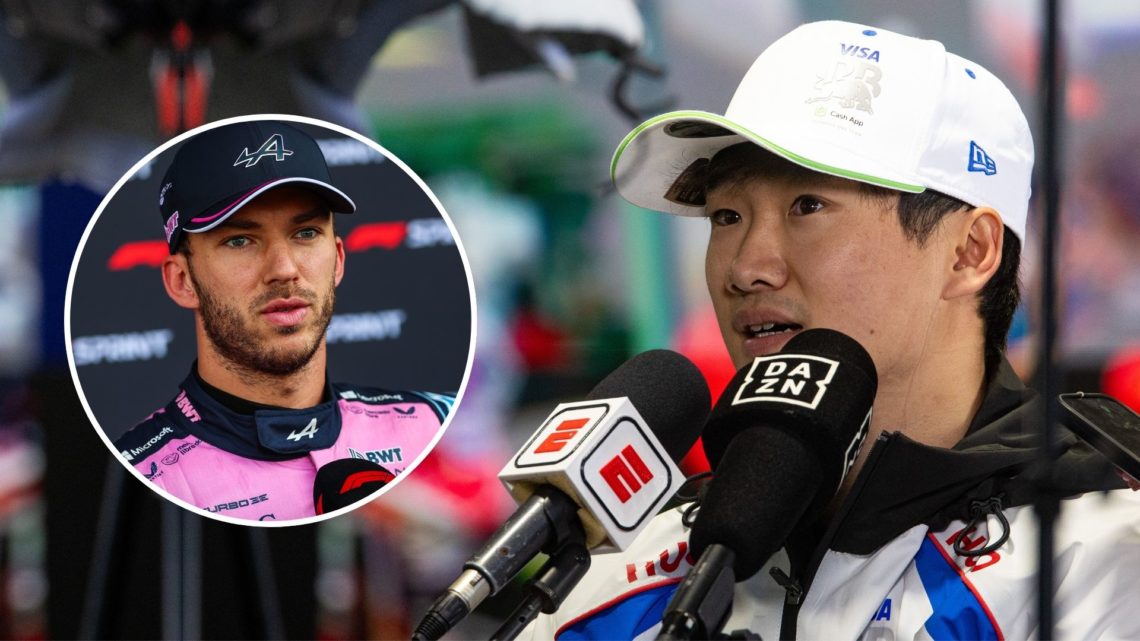 Yuki Tsunoda of Japan and Visa Cash App RB speaks in the media pen during the F1 Grand Prix of Australia. Inset, Pierre Gasly.