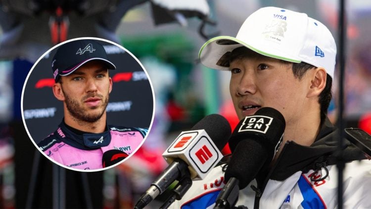 Yuki Tsunoda of Japan and Visa Cash App RB speaks in the media pen during the F1 Grand Prix of Australia. Inset, Pierre Gasly.