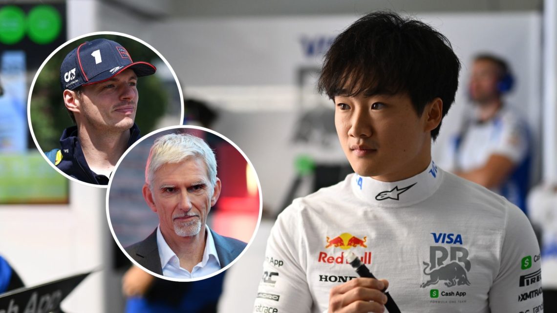 Yuki Tsunoda of Japan and Visa Cash App Racing Bulls looks on in the garage during practice ahead of the F1 Grand Prix of China. Inset, Damon Hill ...