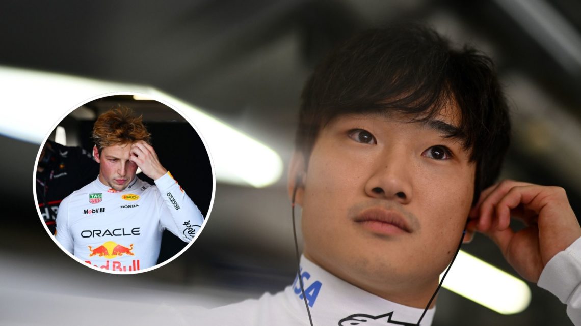 Visa Cash App Racing Bulls driver Yuki Tsunoda prepares for the 2025 Chinese Grand Prix. Inset, Red Bull driver Liam Lawson reacts after qualifying...