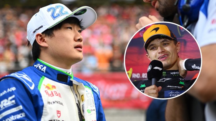 Yuki Tsunoda of Japan and Visa Cash App Racing Bulls talks to an engineer on the grid during the F1 Grand Prix of China. Inset, Lando Norris.