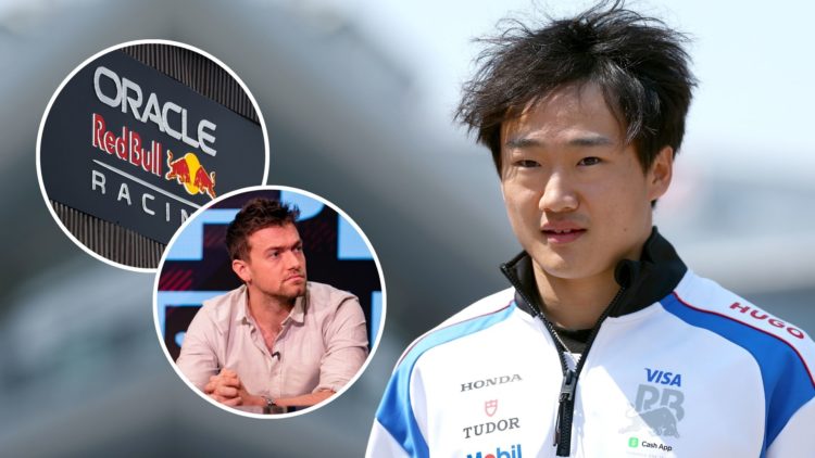 Yuki Tsunoda of Japan and Visa Cash App Racing Bulls walks in the Paddock during previews ahead of the F1 Grand Prix of China. Inset, Jolyon Palmer...