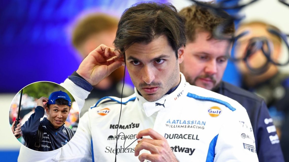 Carlos Sainz in the Williams garage, inset of Alex Albon in the F1 paddock
