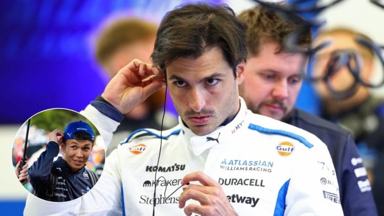 Carlos Sainz in the Williams garage, inset of Alex Albon in the F1 paddock