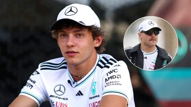 Kimi Antonelli at the Australian Grand Prix, inset of Valtteri Bottas during pre-season testing