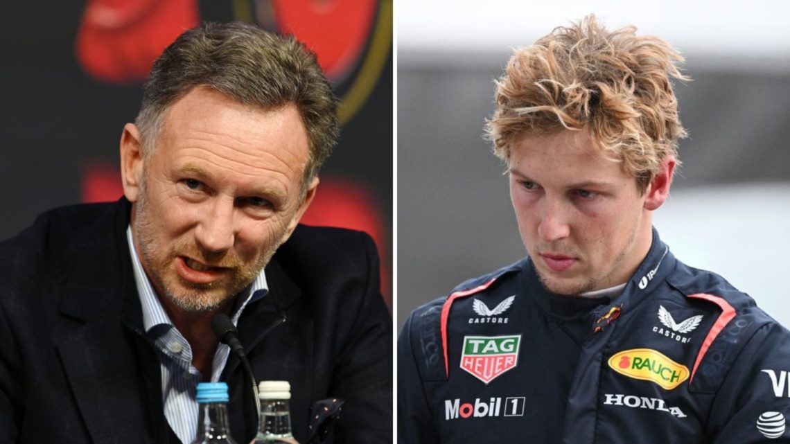 Split image of Christian Horner (L) at F1 75 and Liam Lawson (R) at the Chinese Grand Prix