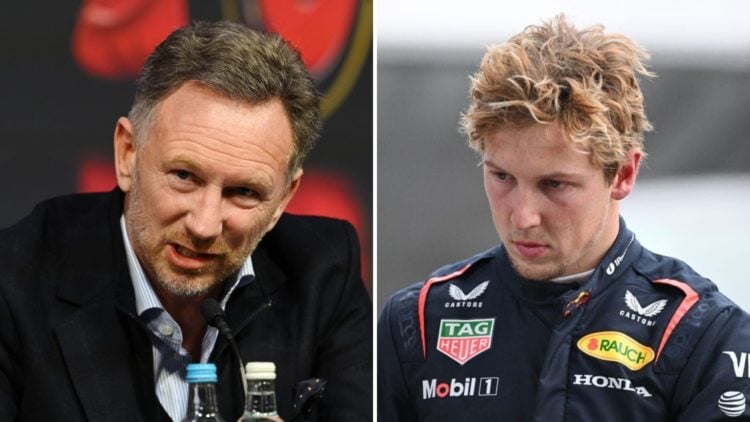 Split image of Christian Horner (L) at F1 75 and Liam Lawson (R) at the Chinese Grand Prix