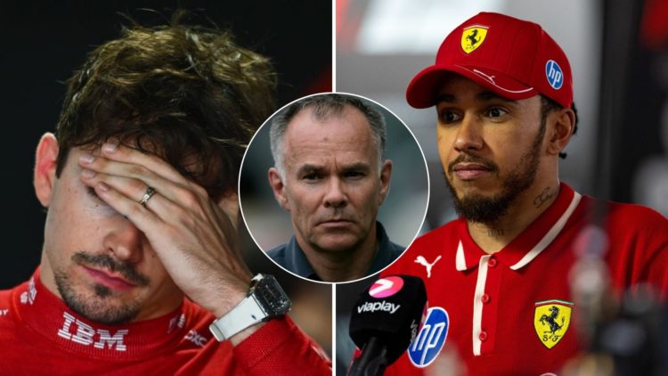 Ssplit image of Charles Leclerc (L) and Lewis Hamilton (R), inset of Peter Windsor