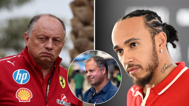 Split image of Frederic Vasseur (L) and Lewis Hamilton (R), inset of Ted Kravitz