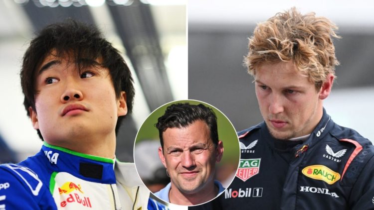 Split image of Yuki Tsunoda (L) and Liam Lawson (R), inset of Will Buxton