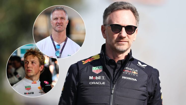 Christian Horner at the 2025 Chinese Grand Prix, insets of Liam Lawson and Ralf Schumacher