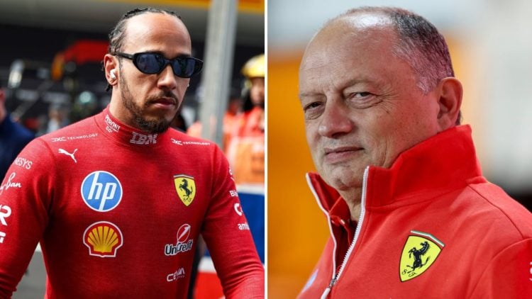 Split image of Ferrari driver Lewis Hamilton (L) and team principal Frederic Vasseur (R)