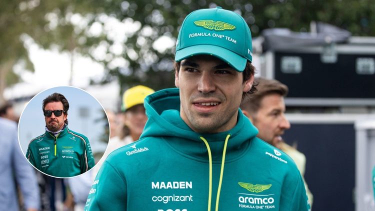 Lance Stroll at the Australian Grand Prix, inset of Fernando Alonso in pre-season testing in Bahrain