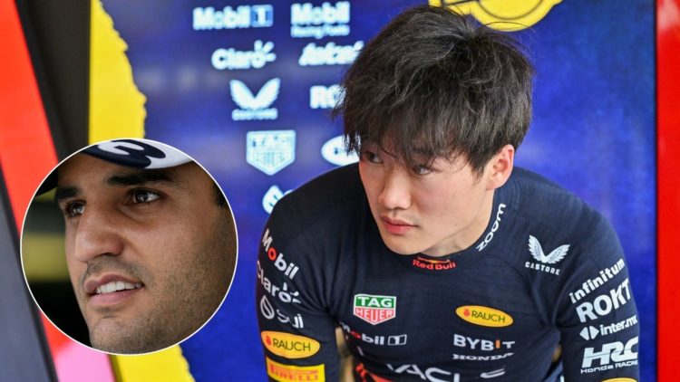 Yuki Tsunoda at the post-season test in Abu Dhabi in 2024, inset of Juan Pablo Montoya