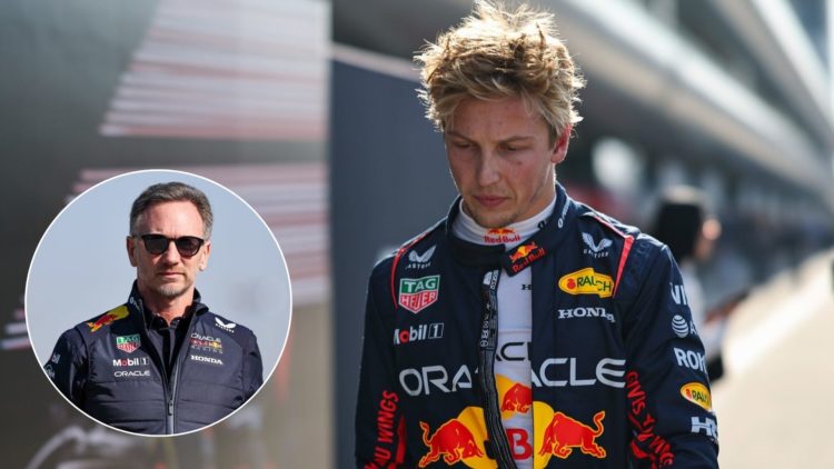 Liam Lawson at the 2025 Chinese Grand Prix, inset of Christian Horner