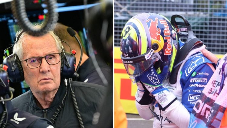 Split image of Helmut Marko (L) during Bahrain pre-season testing and Isack Hadjar (R) at Australian GP