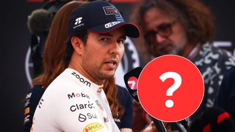 Sergio Perez at the 2024 Abu Dhabi Grand Prix, inset of a question mark