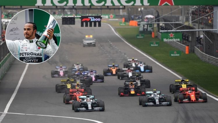 2019 Chinese Grand Prix start, inset of Lewis Hamilton on the podium at the 2019 Chinese Grand Prix