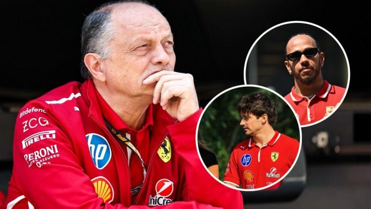Ferrari team principal Fred Vasseur leans on the pit wall during the 2025 F1 Chinese Grand Prix. Insets, Ferrari's Lewis Hamilton during the Chines...