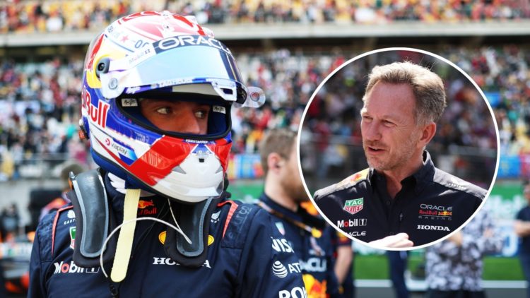 Red Bull driver Max Verstappen on the grid before the 2025 F1 Chinese Grand Prix Sprint. Inset, Red Bull team principal Christian Horner before the...