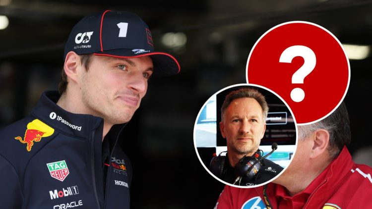 Max Verstappen of the Netherlands and Oracle Red Bull Racing and Frederic Vasseur, Team Principal of Scuderia Ferrari talk ahead of the tribute to ...