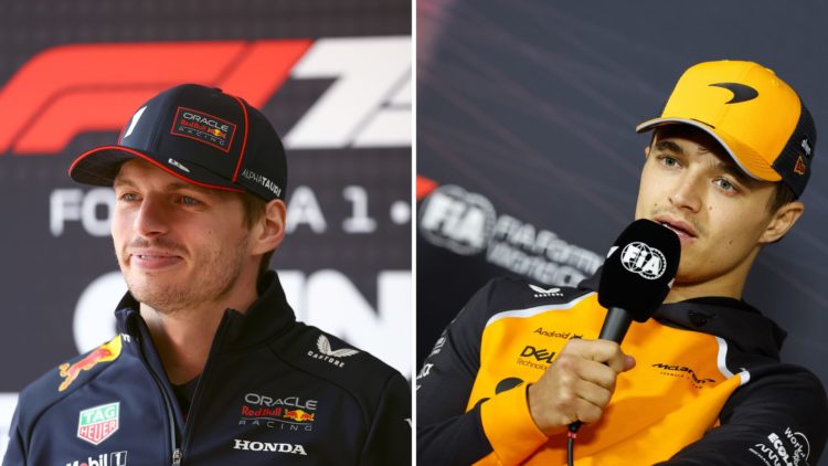 Split image of Max Verstappen of the Netherlands and Oracle Red Bull Racing is interviewed during previews ahead of the F1 Grand Prix of China at S...