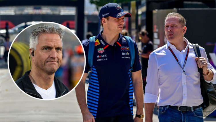 Max Verstappen, Red Bull Racing RB19 during practice ahead of the F1 Grand Prix of Bahrain at Bahrain International Circuit. Inset, Ralf Schumacher.