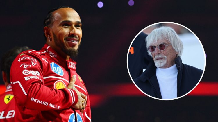 Lewis Hamilton of Great Britain and Scuderia Ferrari waves to the crowd from the stage during F1 75 Live at The O2 Arena on February 18, 2025 in Lo...