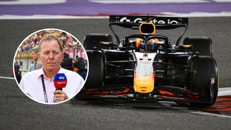 Max Verstappen finishes in sixth in the 2025 Bahrain GP. Inset: Martin Brundle presents for Sky Sports F1. Credit: Rudy Carezzevoli/Getty Images/Ma...