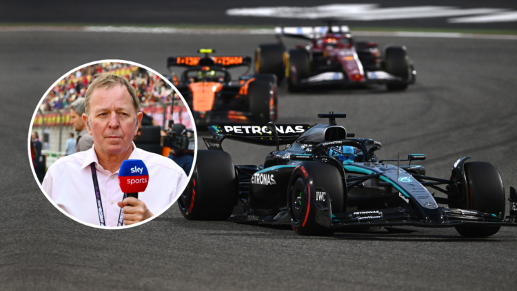George Russell leads Lando Norris and Charles Leclerc at the 2025 Bahrain GP. Inset: Martin Brundle presents on Sky Sports F1. Credit: Rudy Carezze...