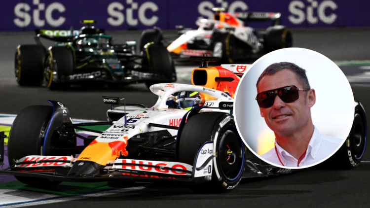 Isack Hadjar drives to P10 in the Saudi Arabian GP. Inset: Le Mans legend Tom Kristensen. Credit: Drew Gibson/Getty Images/Rudy Carezzevoli