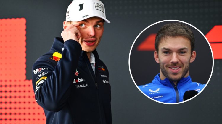 Red Bull driver Max Verstappen smiles in the F1 paddock while Alpine star Pierre Gasly speaks in the Japanese Grand Prix press conference.
